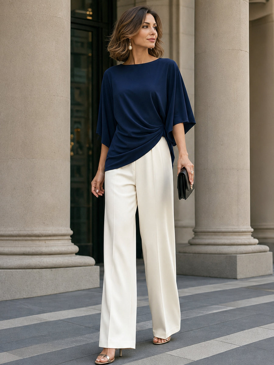 Conjunto de Blusa Drapeada y Pantalón Ancho para Mujer – Azul Marino