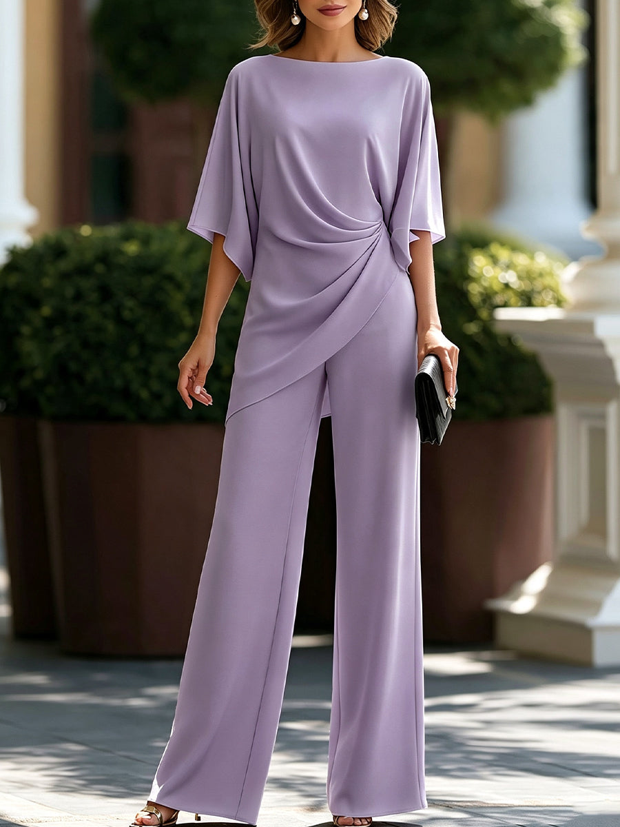 Conjunto de Blusa Drapeada y Pantalón Ancho para Mujer – Azul Marino
