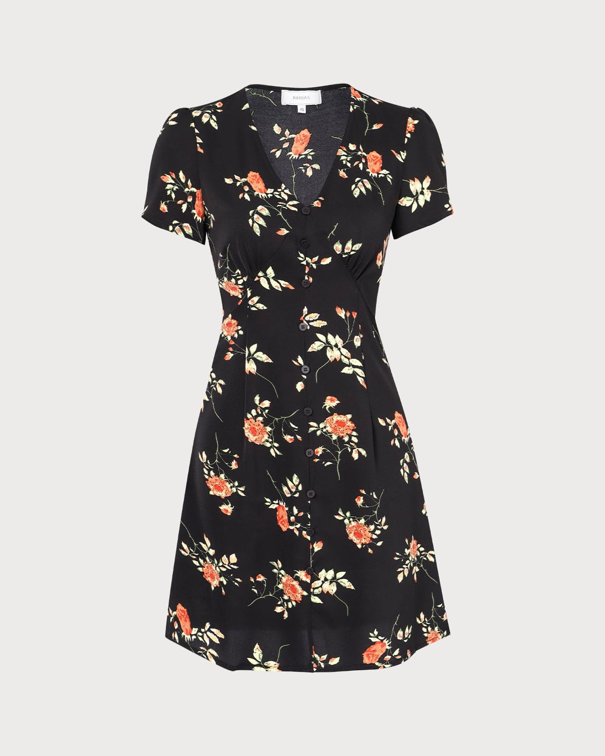 Vestido Mini Floral con Botones y Cuello en V para Mujer – Negro