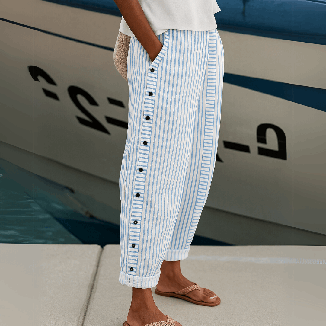 Pantalón de Rayas con Botones para Mujer – Cintura Alta