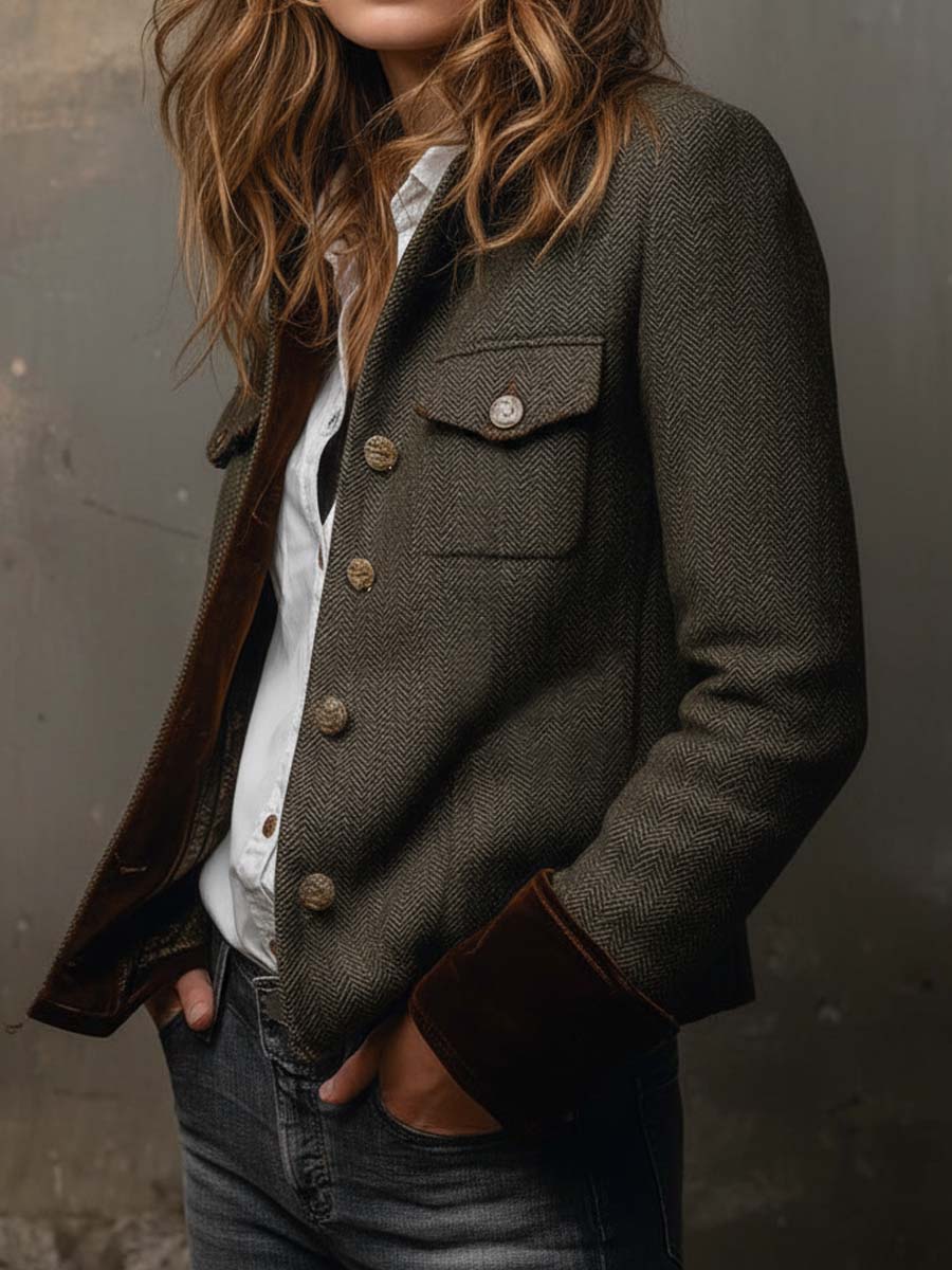 Blazer de Sarga con Ribete en Contraste para Mujer – Verde Oliva