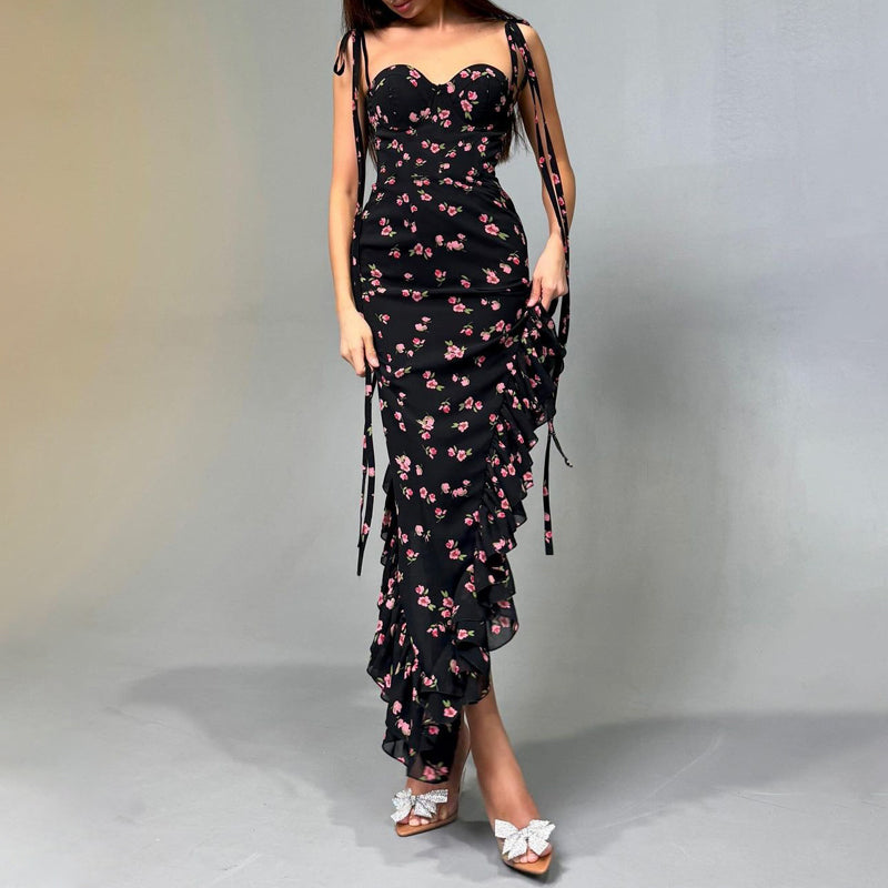 Vestido Largo Floral con Volantes y Abertura – Negro y Rosa