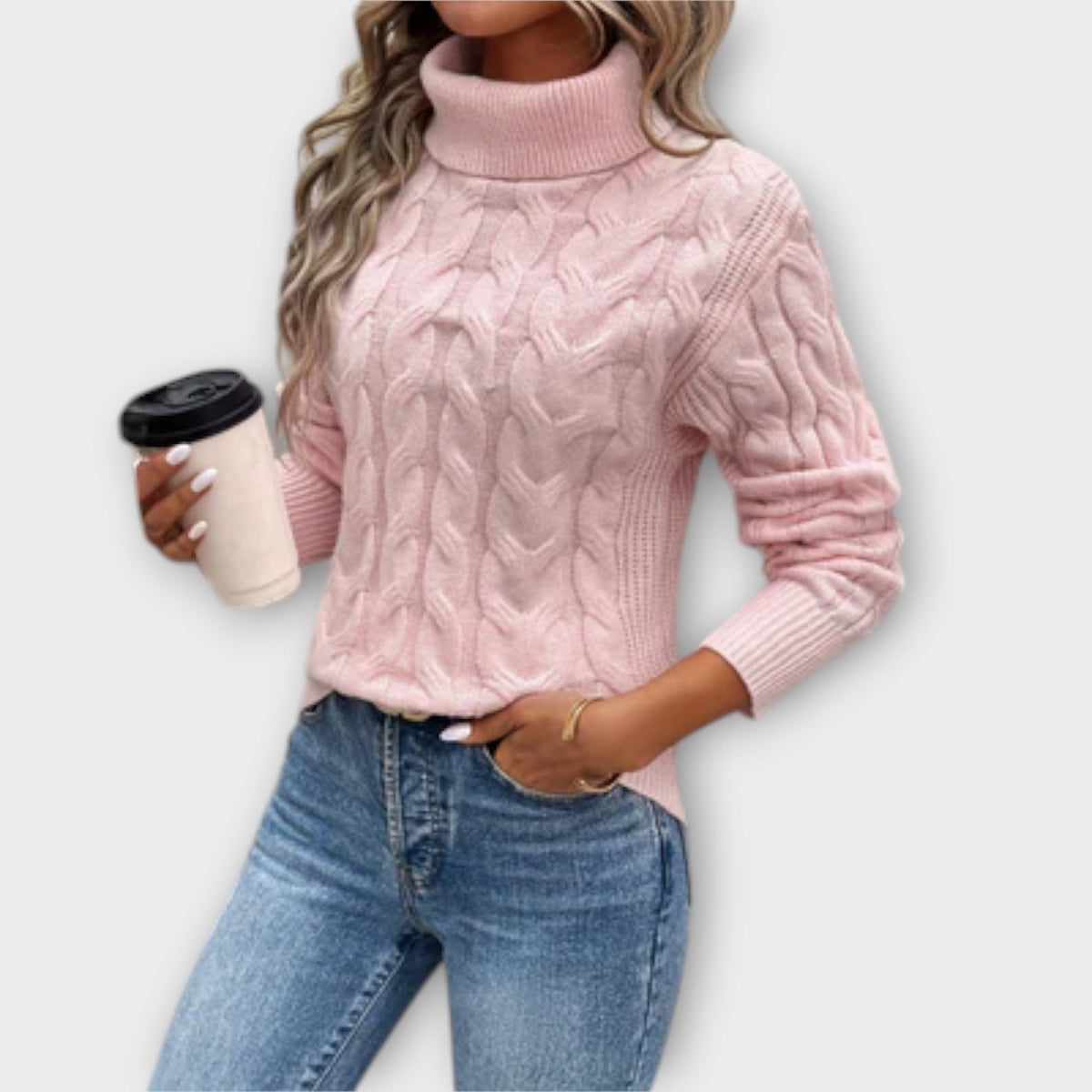 Jersey de Cuello Alto con Trenzas para Mujer – Rosa