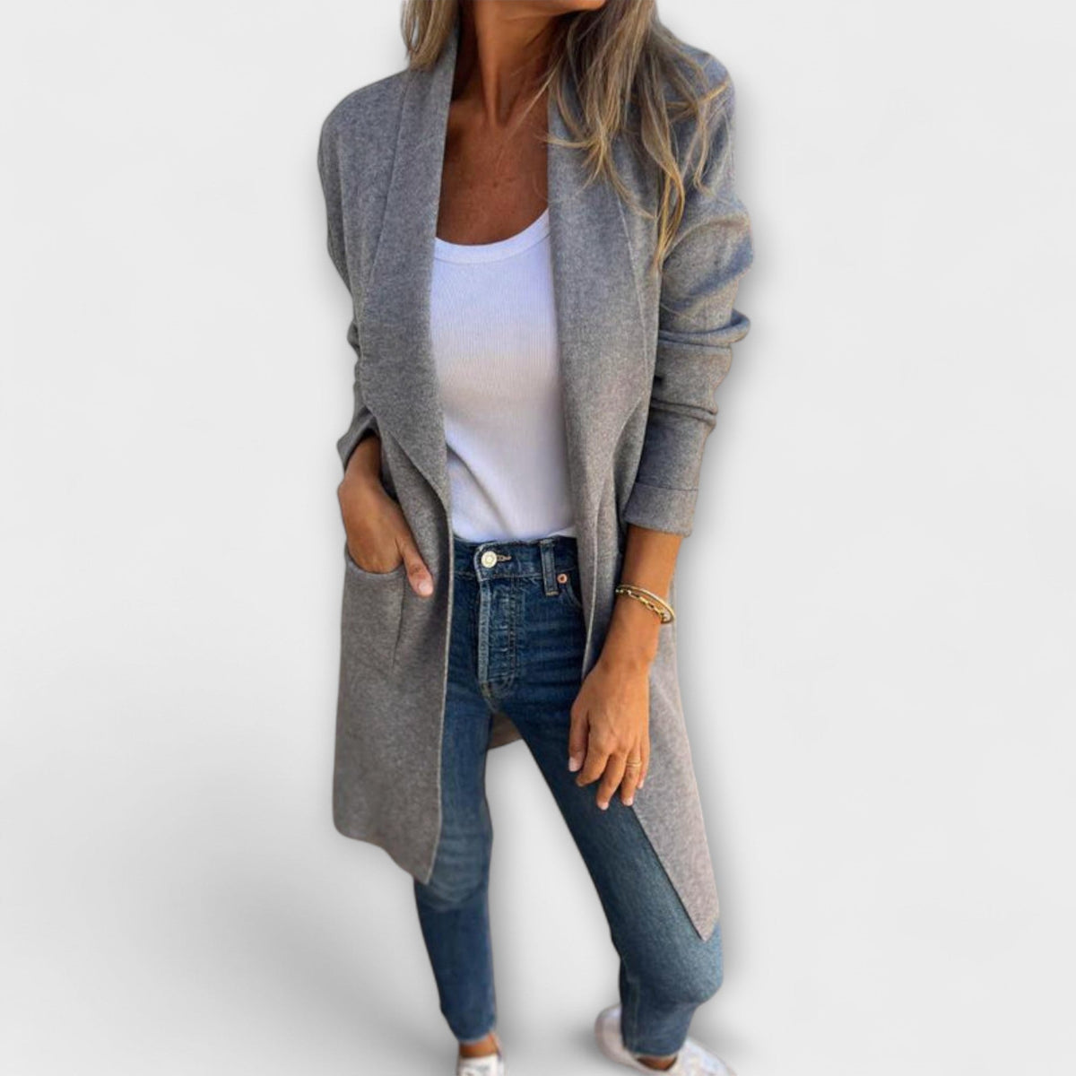 Cárdigan Largo Elegante para Mujer – Gris