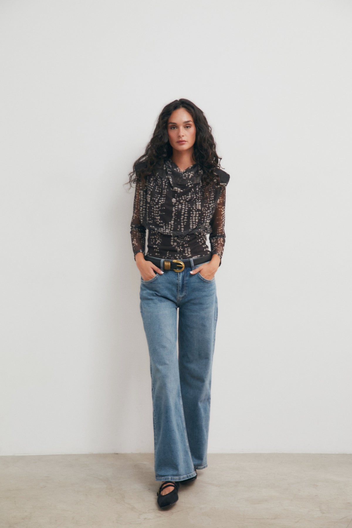 Top de Tul Estampado con Manga Larga para Mujer – Gris Antracita
