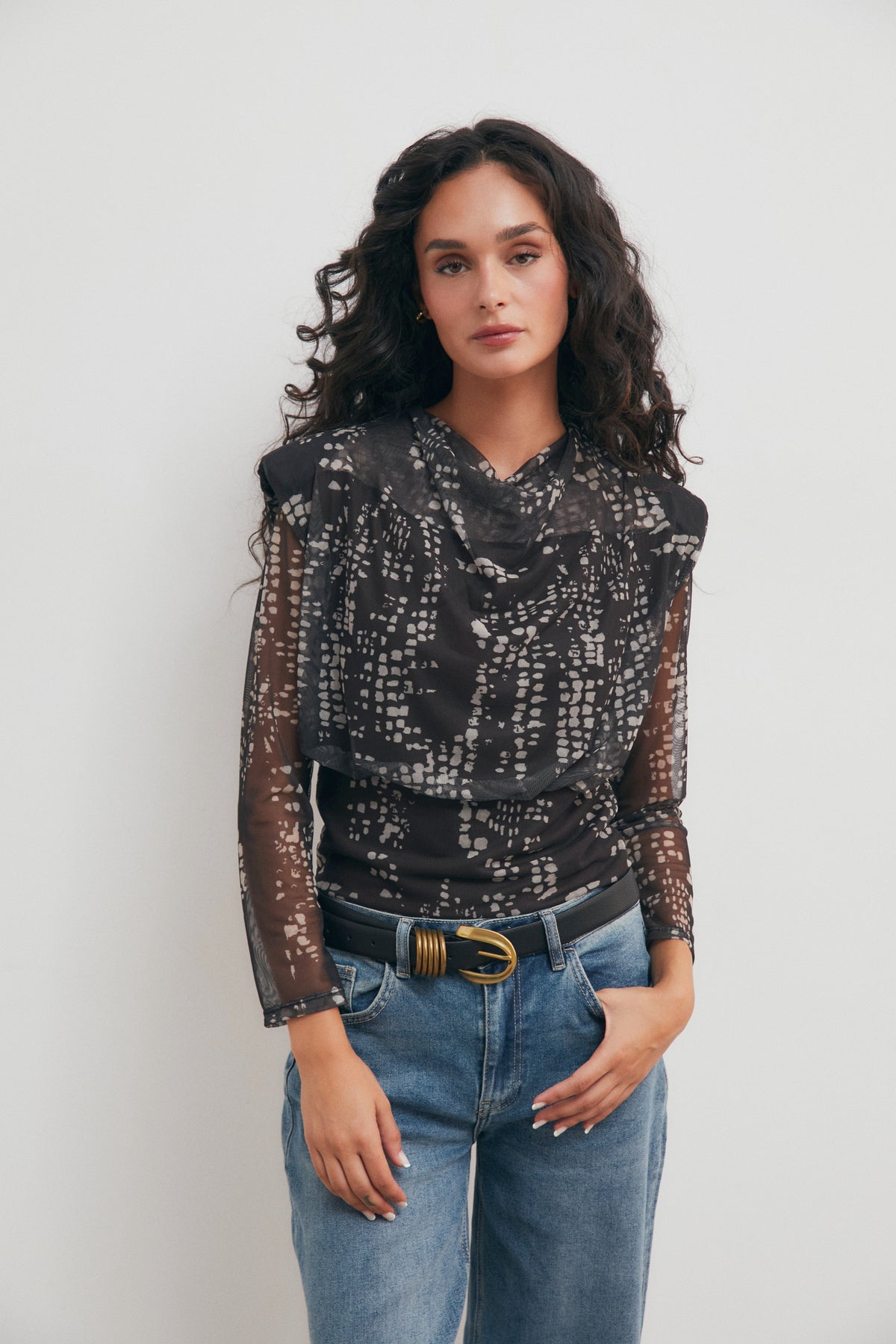 Top de Tul Estampado con Manga Larga para Mujer – Gris Antracita