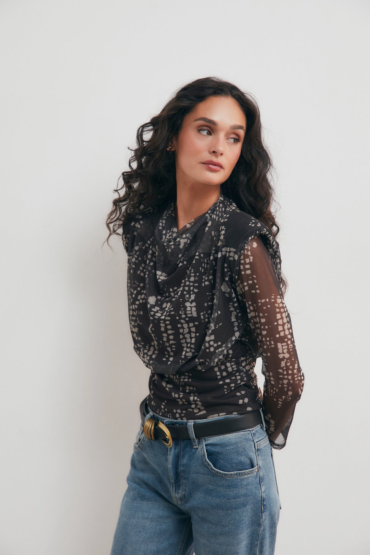 Top de Tul Estampado con Manga Larga para Mujer – Gris Antracita