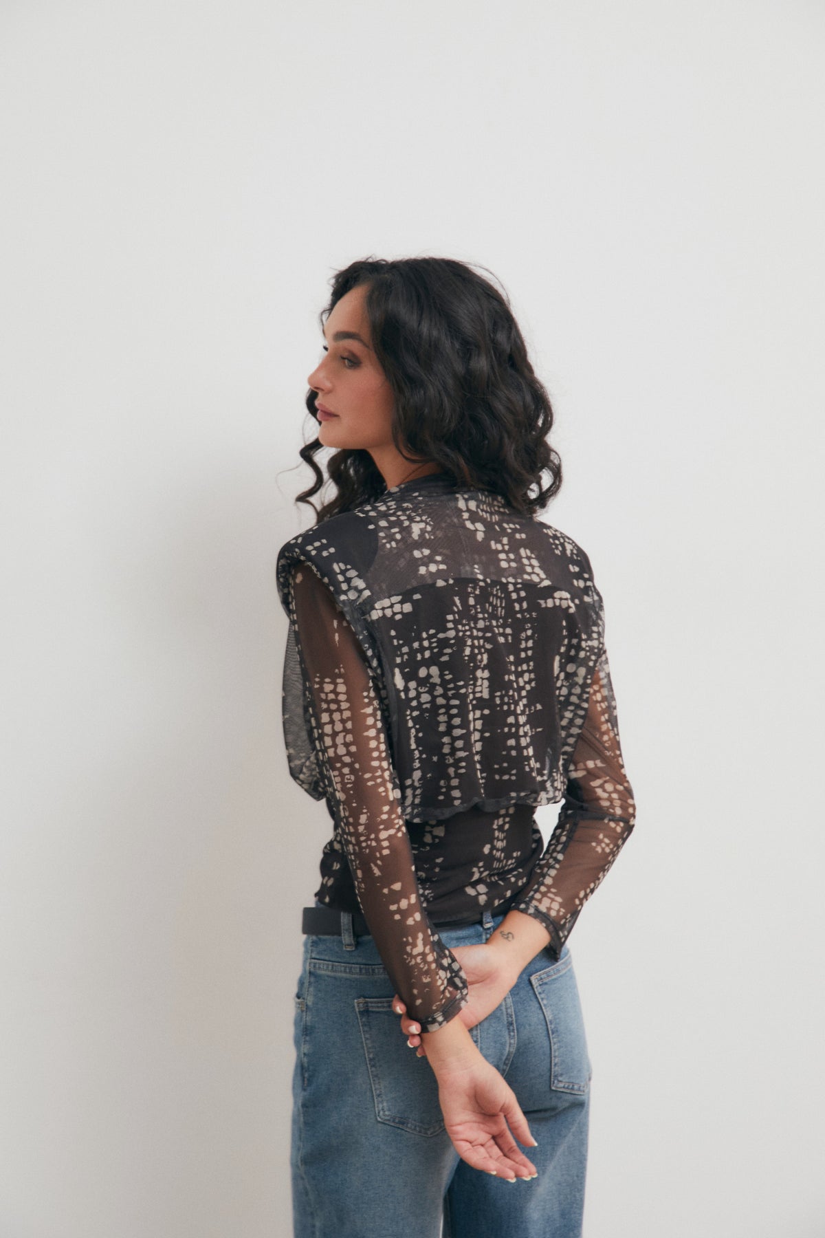 Top de Tul Estampado con Manga Larga para Mujer – Gris Antracita