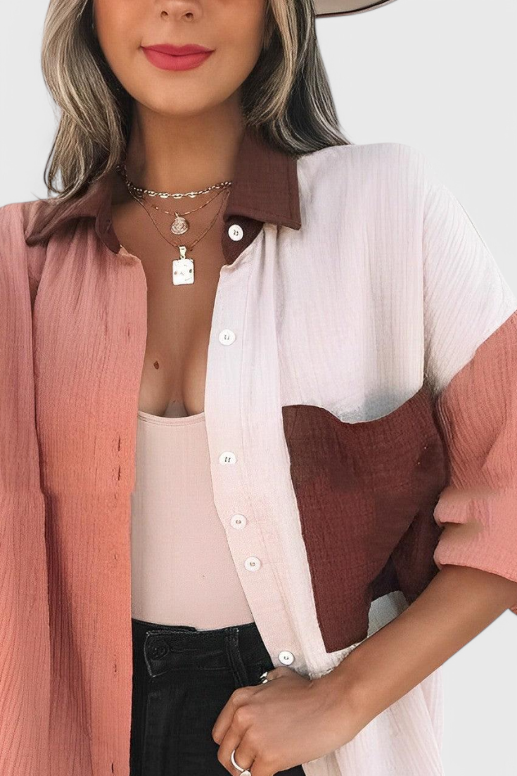 Blusa de Botones con Bloques de Color para Mujer