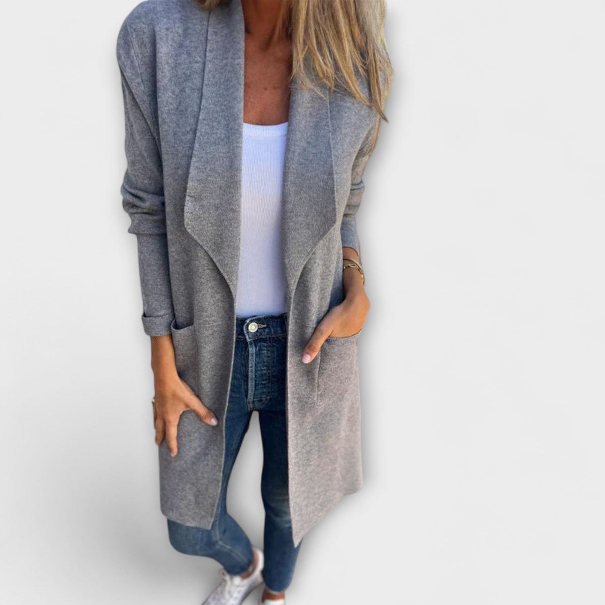 Cárdigan Largo Elegante para Mujer – Gris