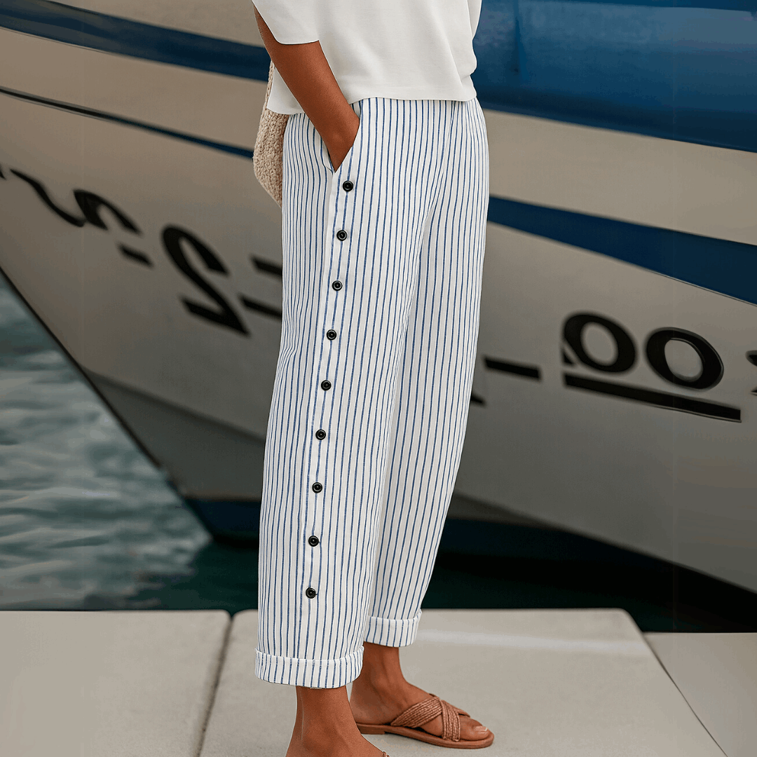 Pantalón de Rayas con Botones para Mujer – Cintura Alta
