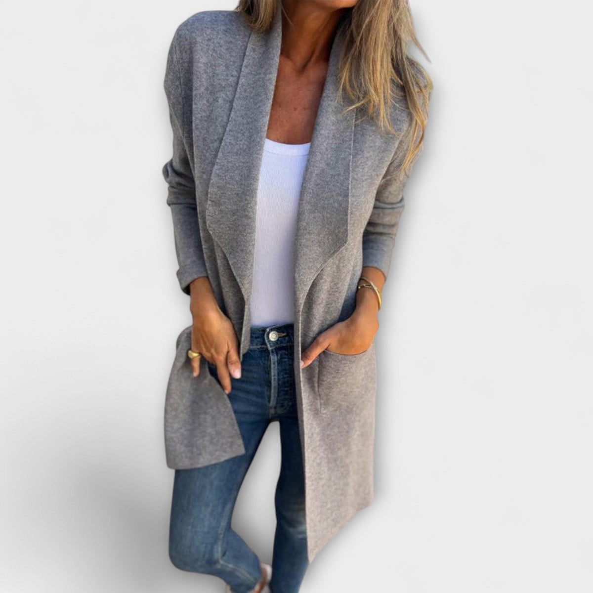 Cárdigan Largo Elegante para Mujer – Gris