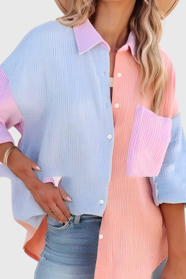 Blusa de Botones con Bloques de Color para Mujer