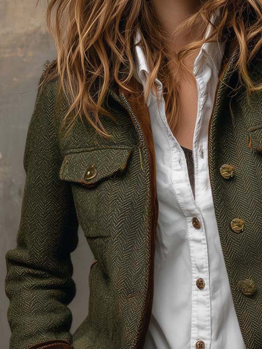 Blazer de Sarga con Ribete en Contraste para Mujer – Verde Oliva
