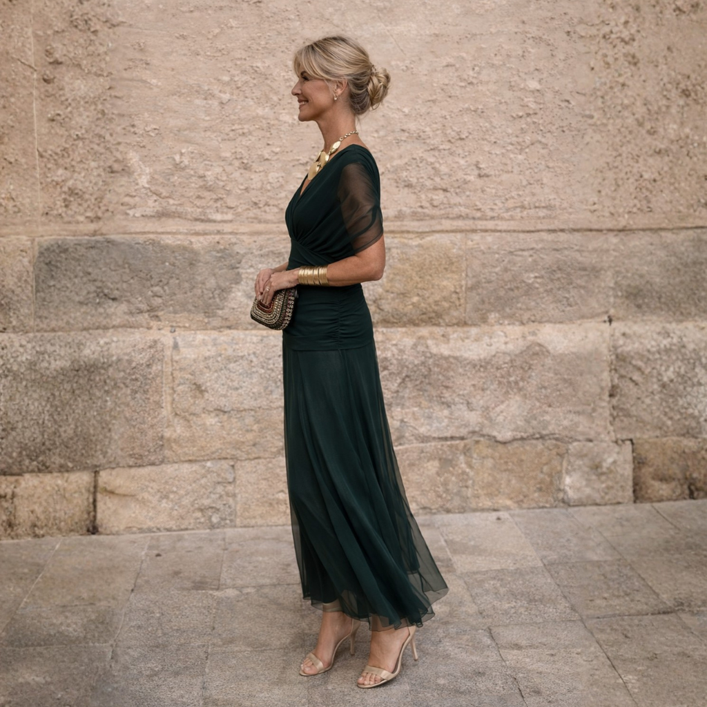 Vestido Maxi de Hombros Descubiertos para Mujer – Verde Oscuro