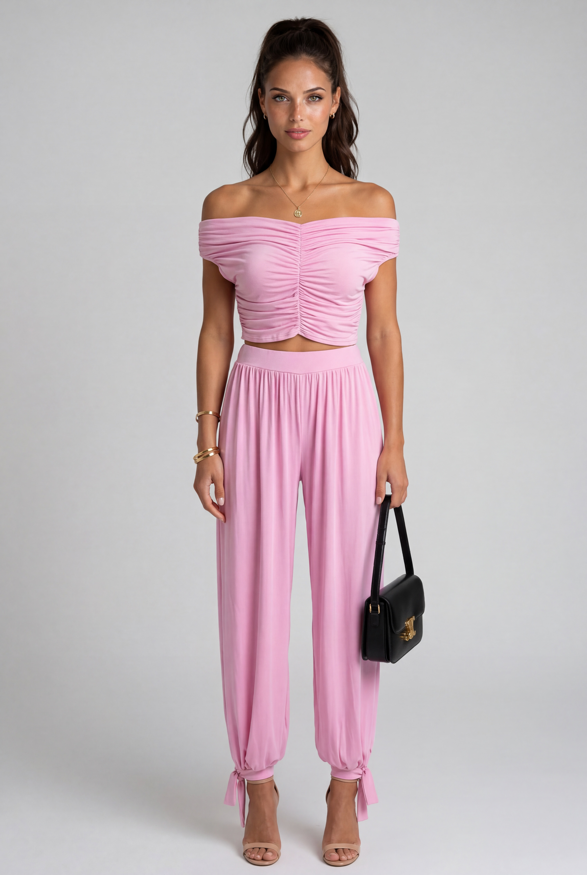 Conjunto de Dos Piezas con Top Fruncido para Mujer