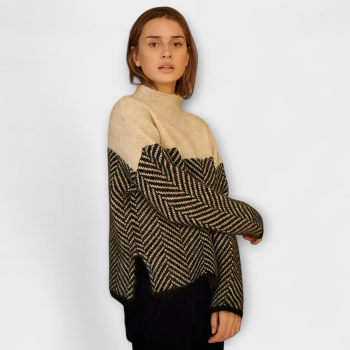 Jersey de Cuello Alto con Patrón de Espiga para Mujer – Marrón