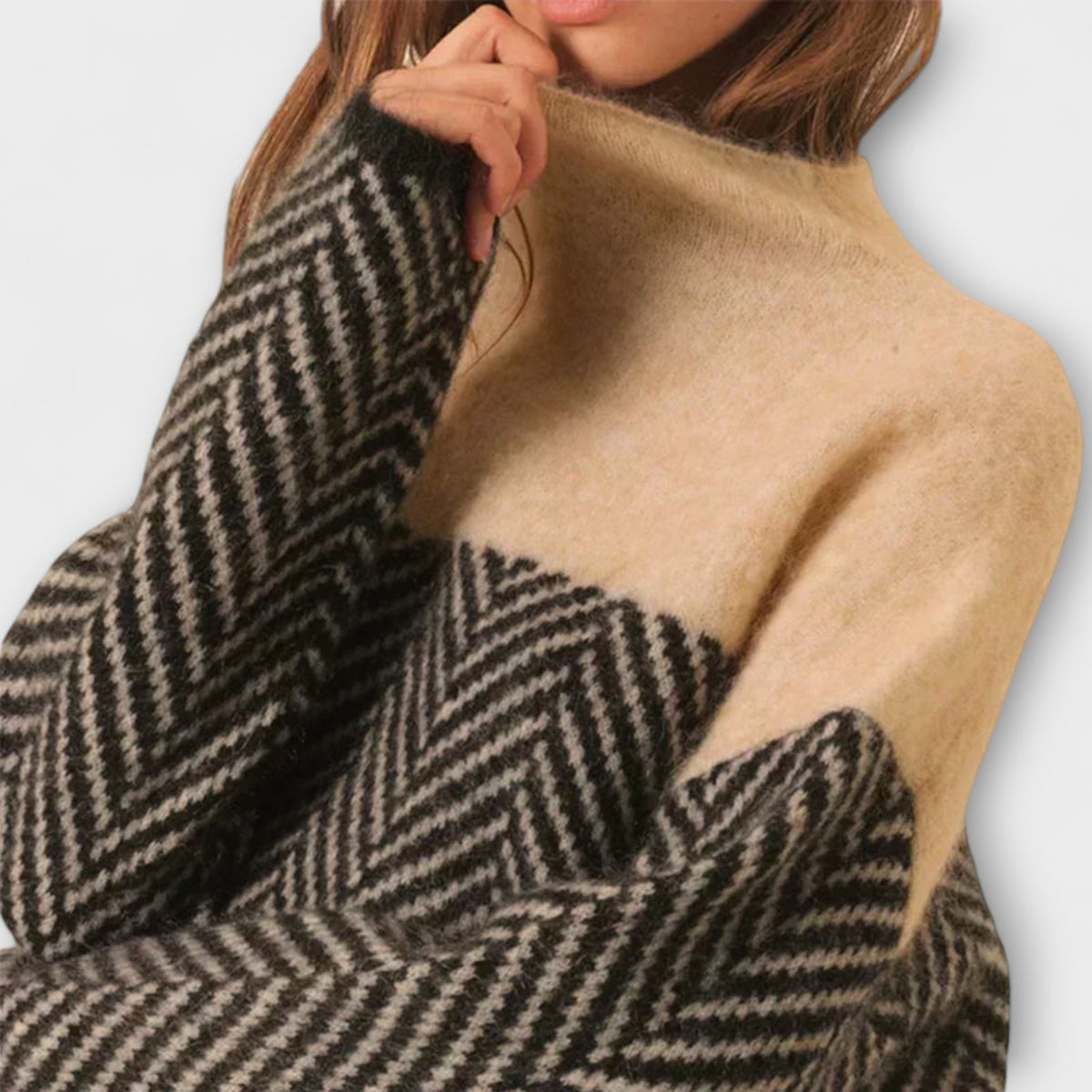 Jersey de Cuello Alto con Patrón de Espiga para Mujer – Marrón