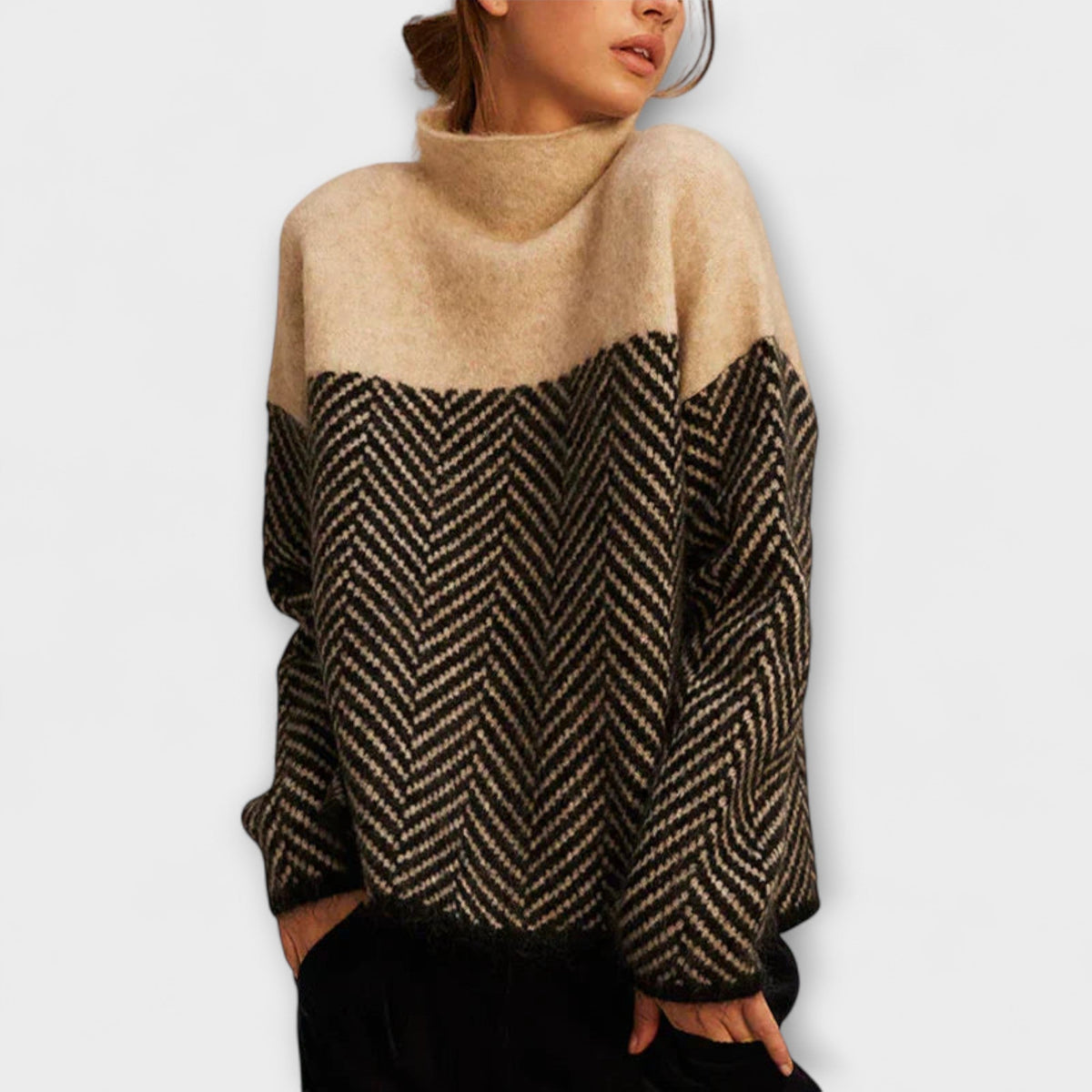 Jersey de Cuello Alto con Patrón de Espiga para Mujer – Marrón