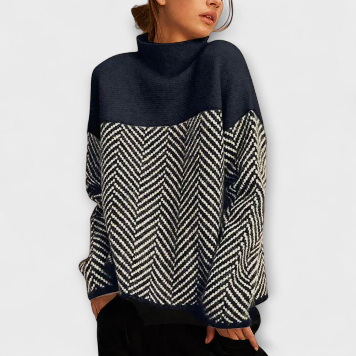 Jersey de Cuello Alto con Patrón de Espiga para Mujer – Marrón