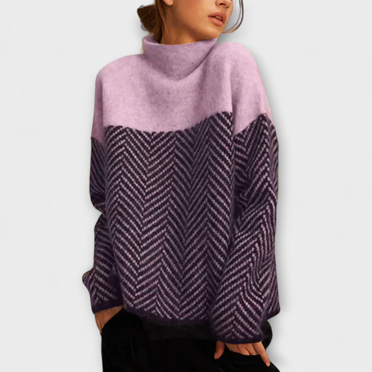 Jersey de Cuello Alto con Patrón de Espiga para Mujer – Marrón