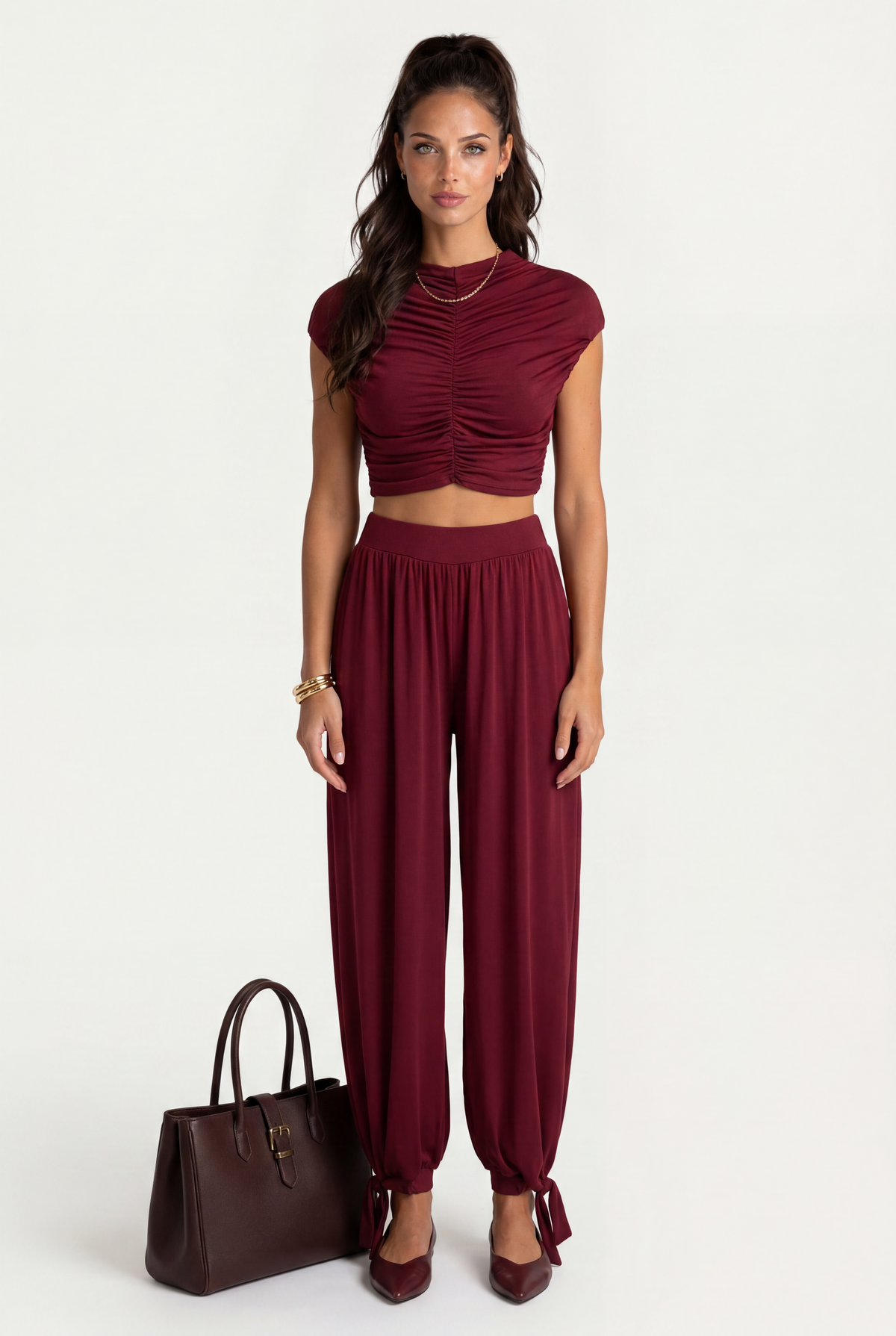 Conjunto de Dos Piezas con Top Fruncido para Mujer