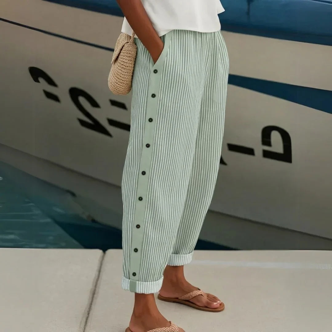 Pantalón de Rayas con Botones para Mujer – Cintura Alta