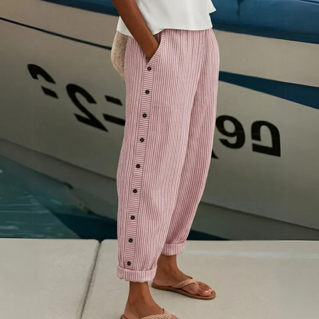 Pantalón de Rayas con Botones para Mujer – Cintura Alta