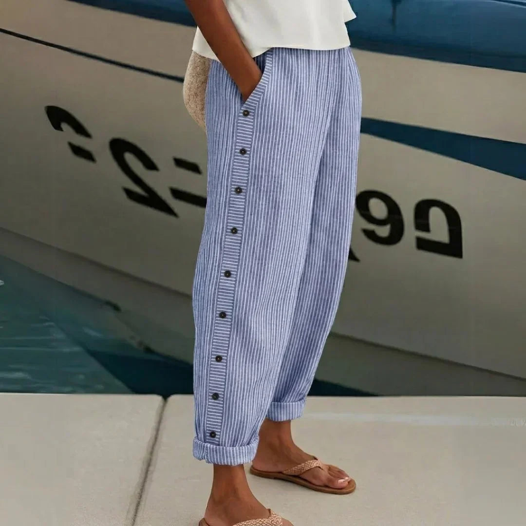 Pantalón de Rayas con Botones para Mujer – Cintura Alta