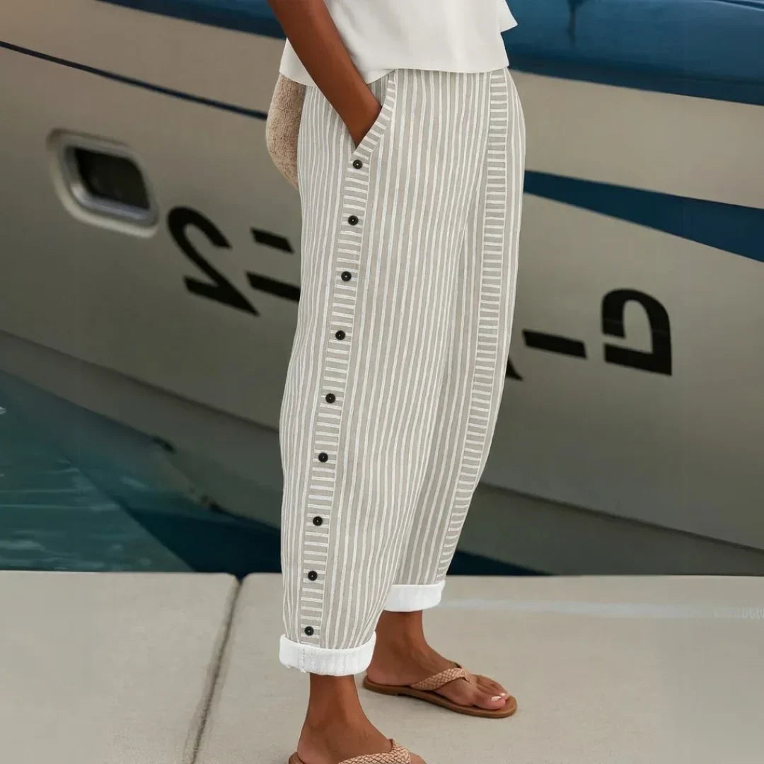 Pantalón de Rayas con Botones para Mujer – Cintura Alta