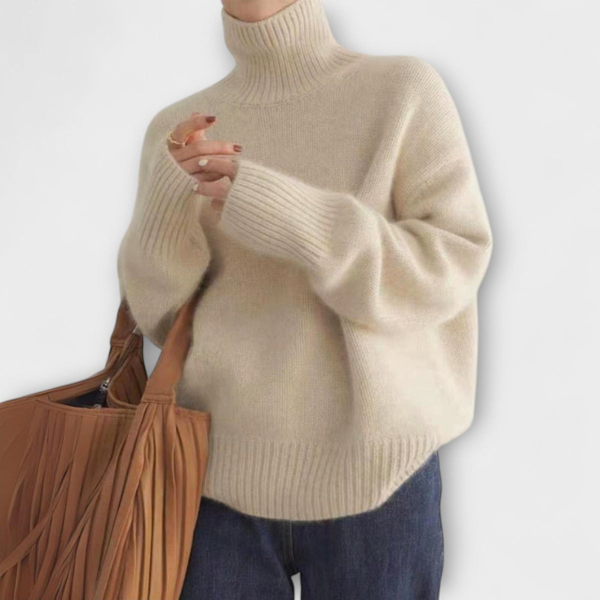 Jersey de Cachemir con Cuello Alto para Mujer – Beige