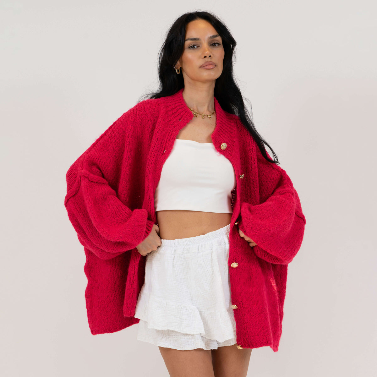 Cárdigan Oversize de Punto Grueso para Mujer – Botones Dorados