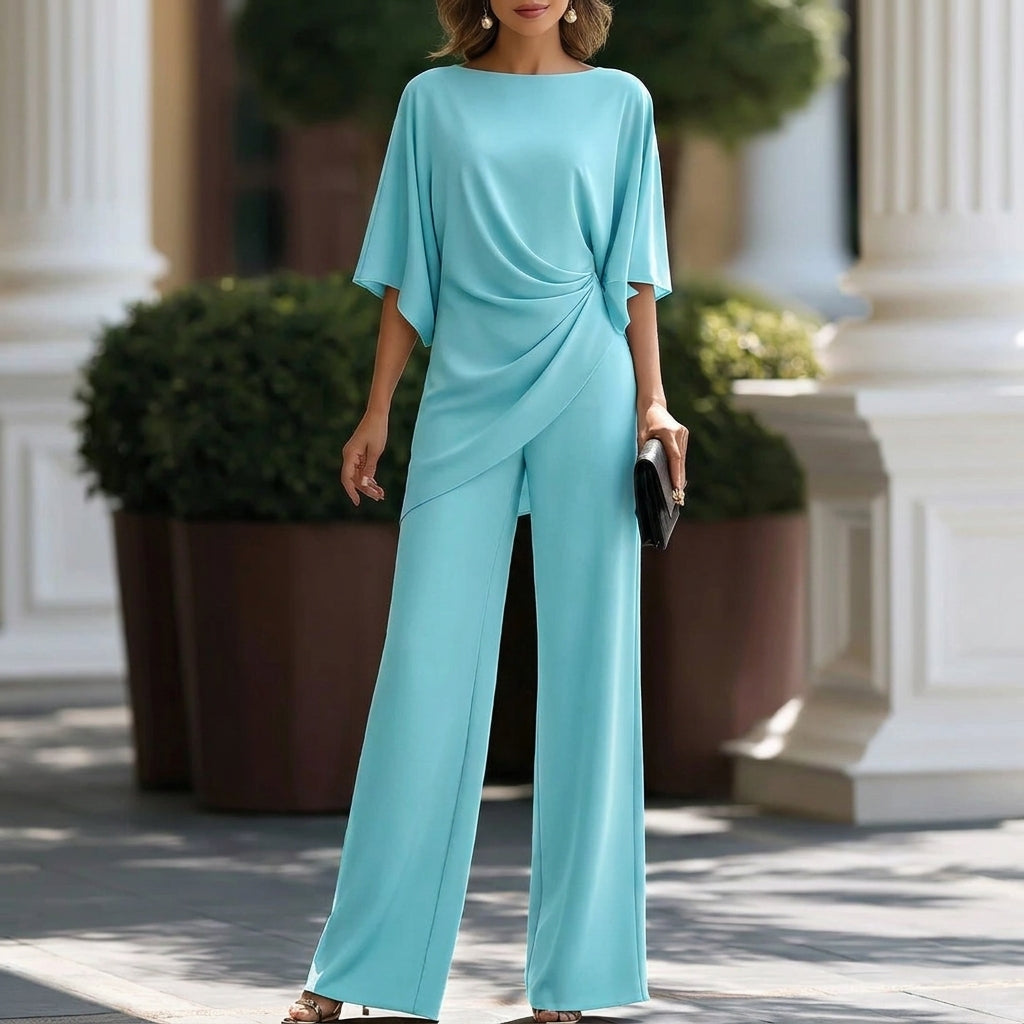 Conjunto de Blusa Drapeada y Pantalón Ancho para Mujer – Azul Marino