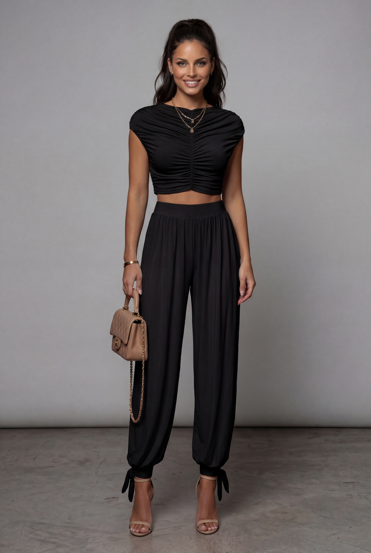 Conjunto de Dos Piezas con Top Fruncido para Mujer