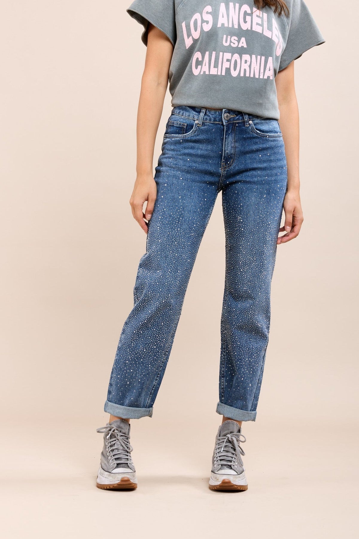 Vaqueros Boyfriend con Detalles de Strass para Mujer