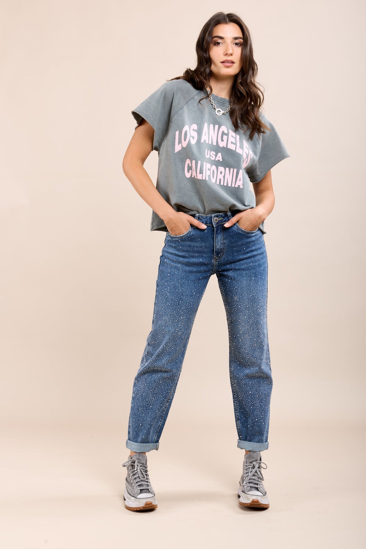 Vaqueros Boyfriend con Detalles de Strass para Mujer