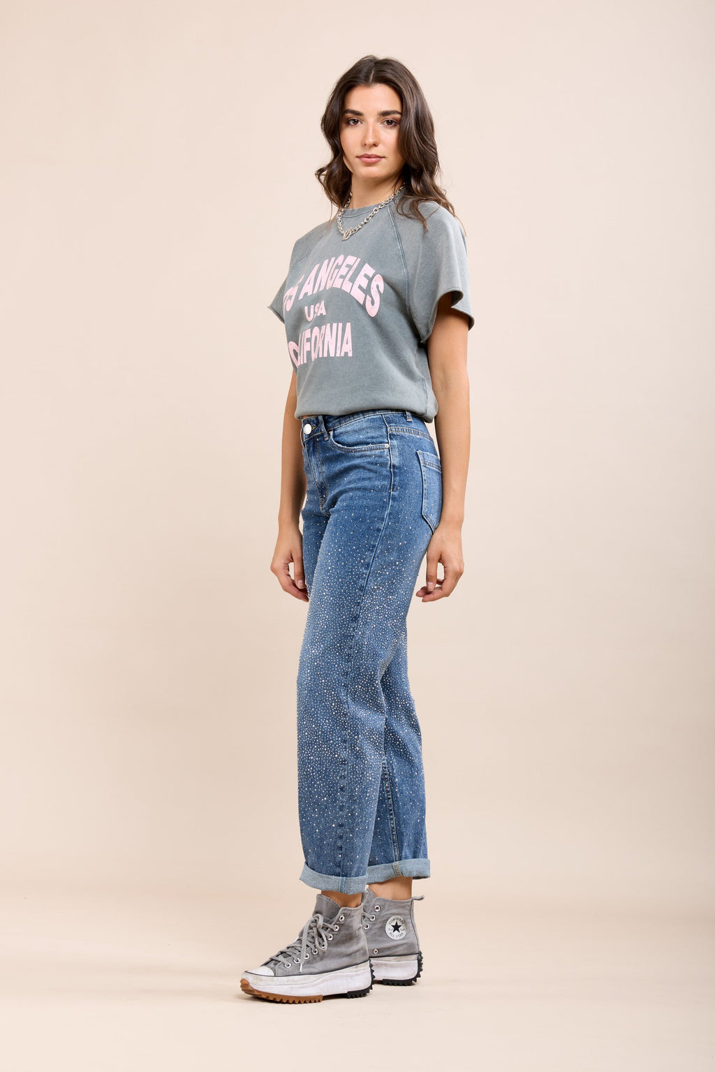 Vaqueros Boyfriend con Detalles de Strass para Mujer