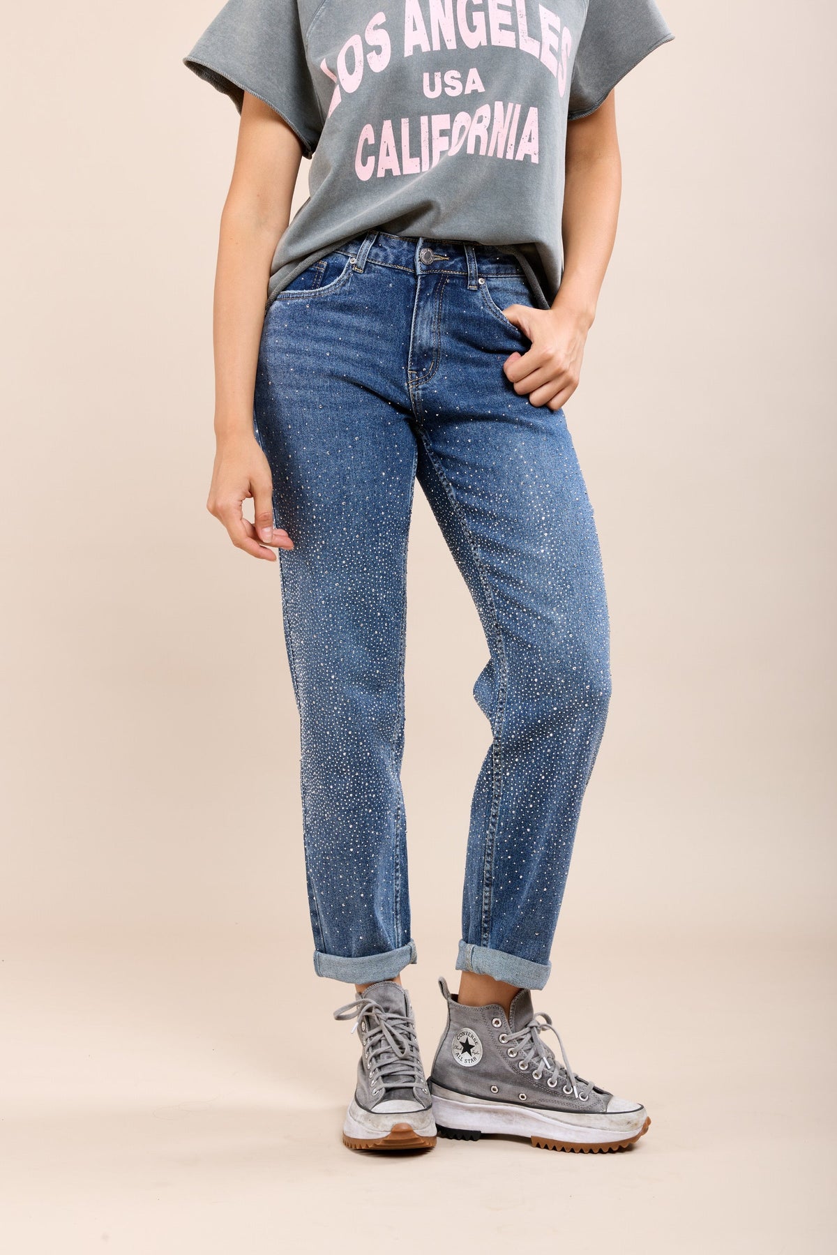 Vaqueros Boyfriend con Detalles de Strass para Mujer