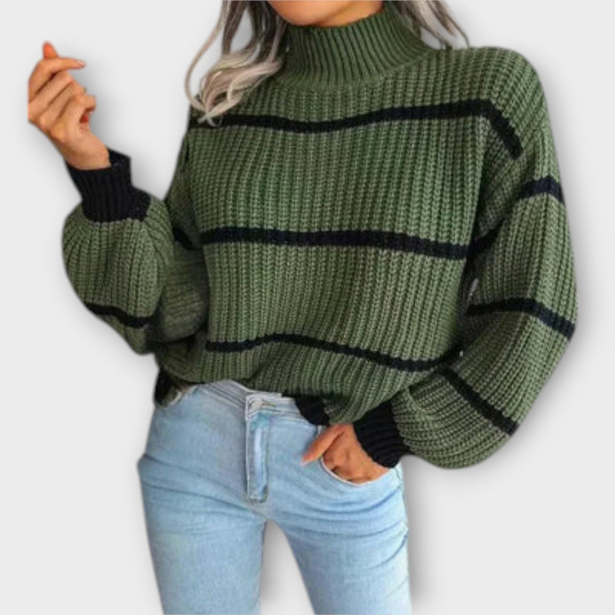 Jersey de Cuello Alto a Rayas para Mujer – Verde