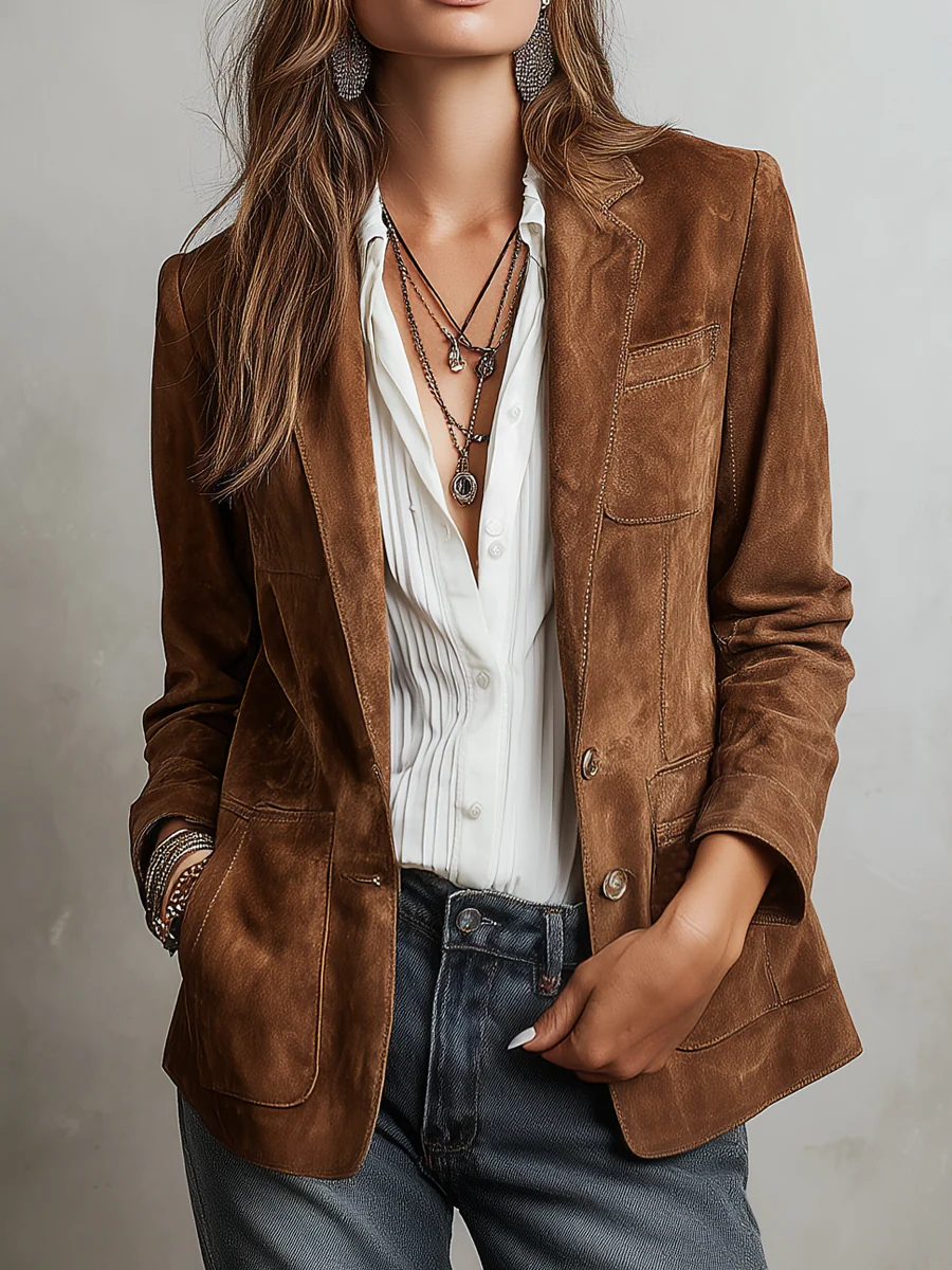 Blazer Vintage Marrón con Costuras en Contraste para Mujer