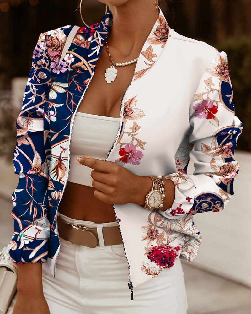 Chaqueta Bomber con Estampado Floral para Mujer – Cremallera