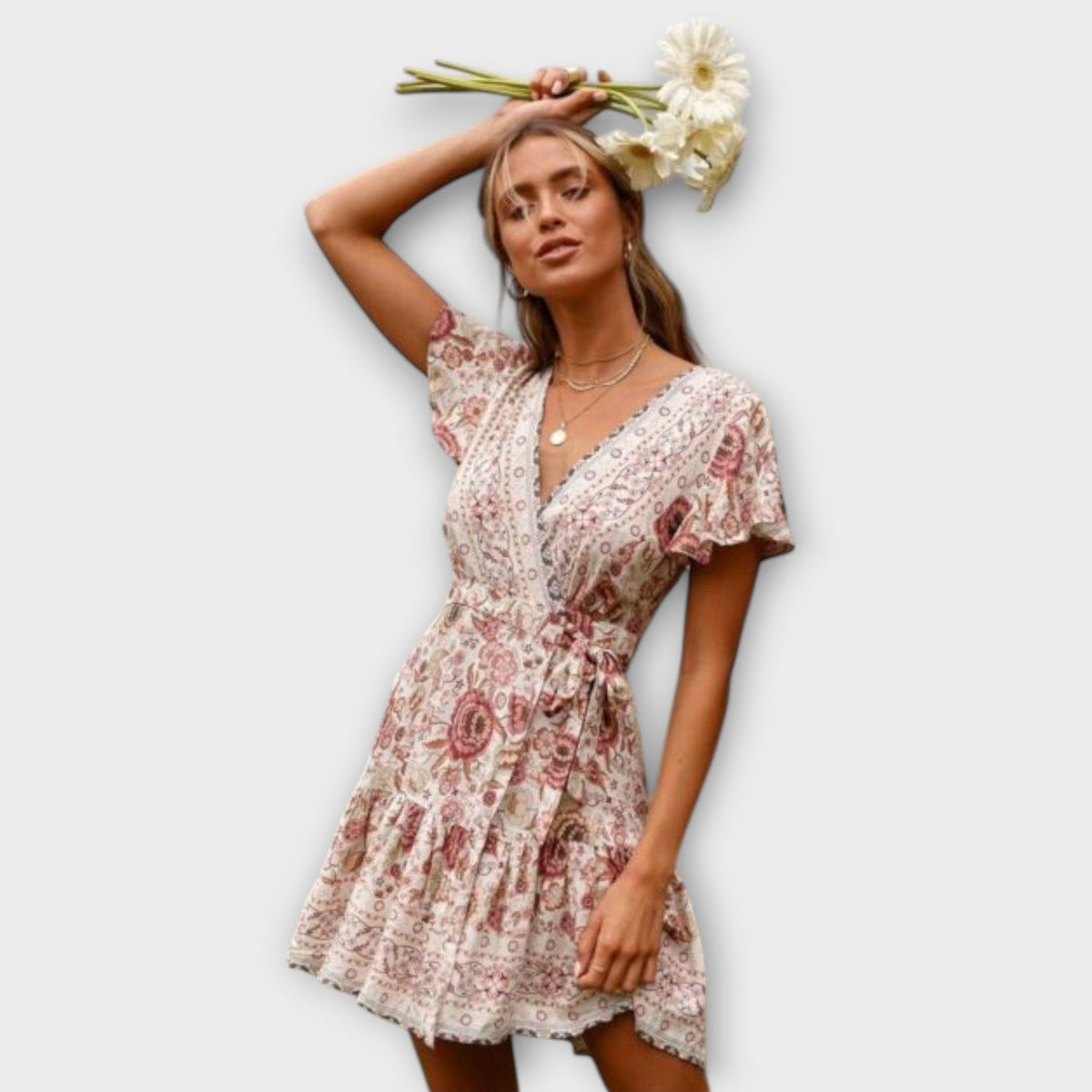 Vestido Corto Boho con Estampado Floral para Mujer