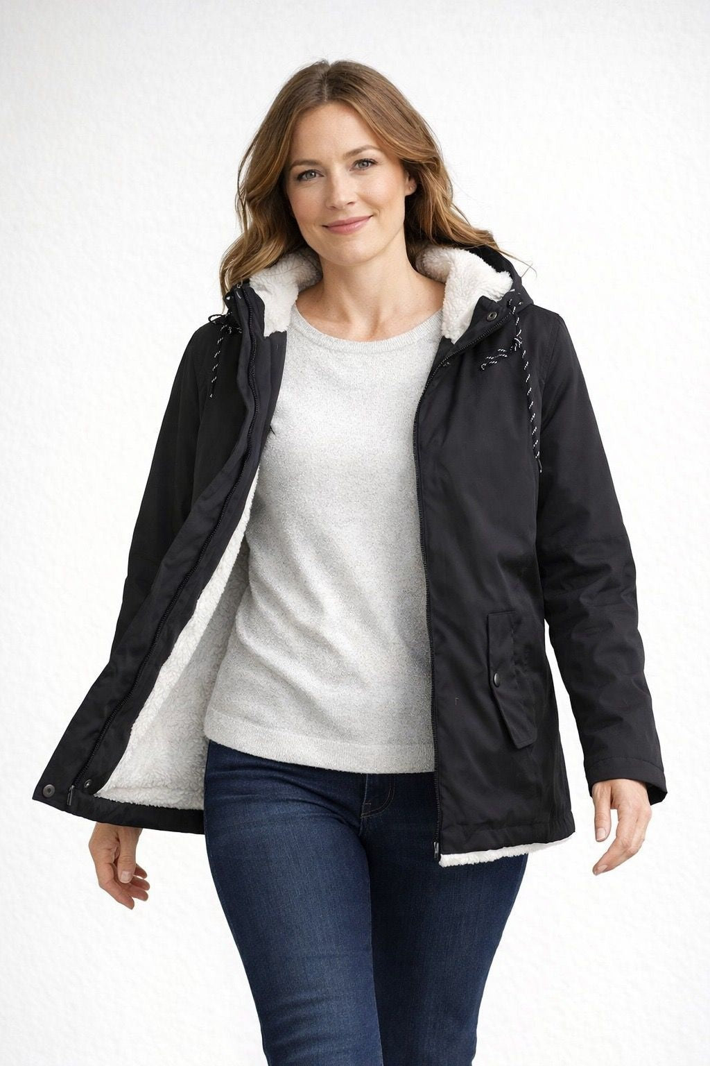 Chaqueta Impermeable con Forro Borreguito para Mujer – Con Capucha