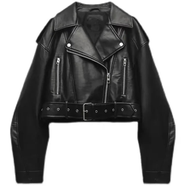 Chaqueta Motera de Polipiel Corta para Mujer – Con Cinturón