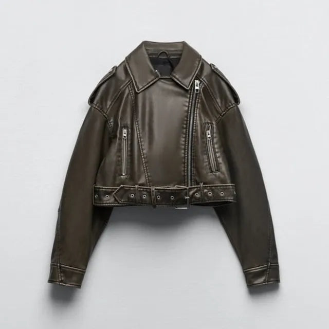 Chaqueta Motera de Polipiel Corta para Mujer – Con Cinturón