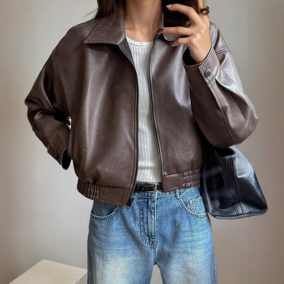 Chaqueta Motera de Piel Sintética para Mujer – Cintura Elástica