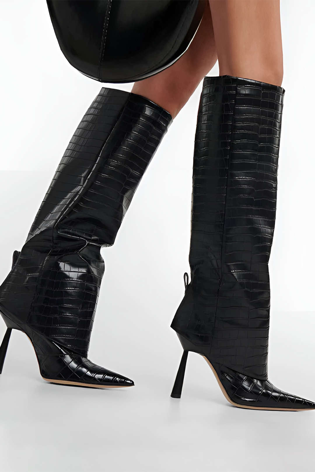 Botas Altas de Tacón con Efecto Cocodrilo para Mujer – Punta Afilada