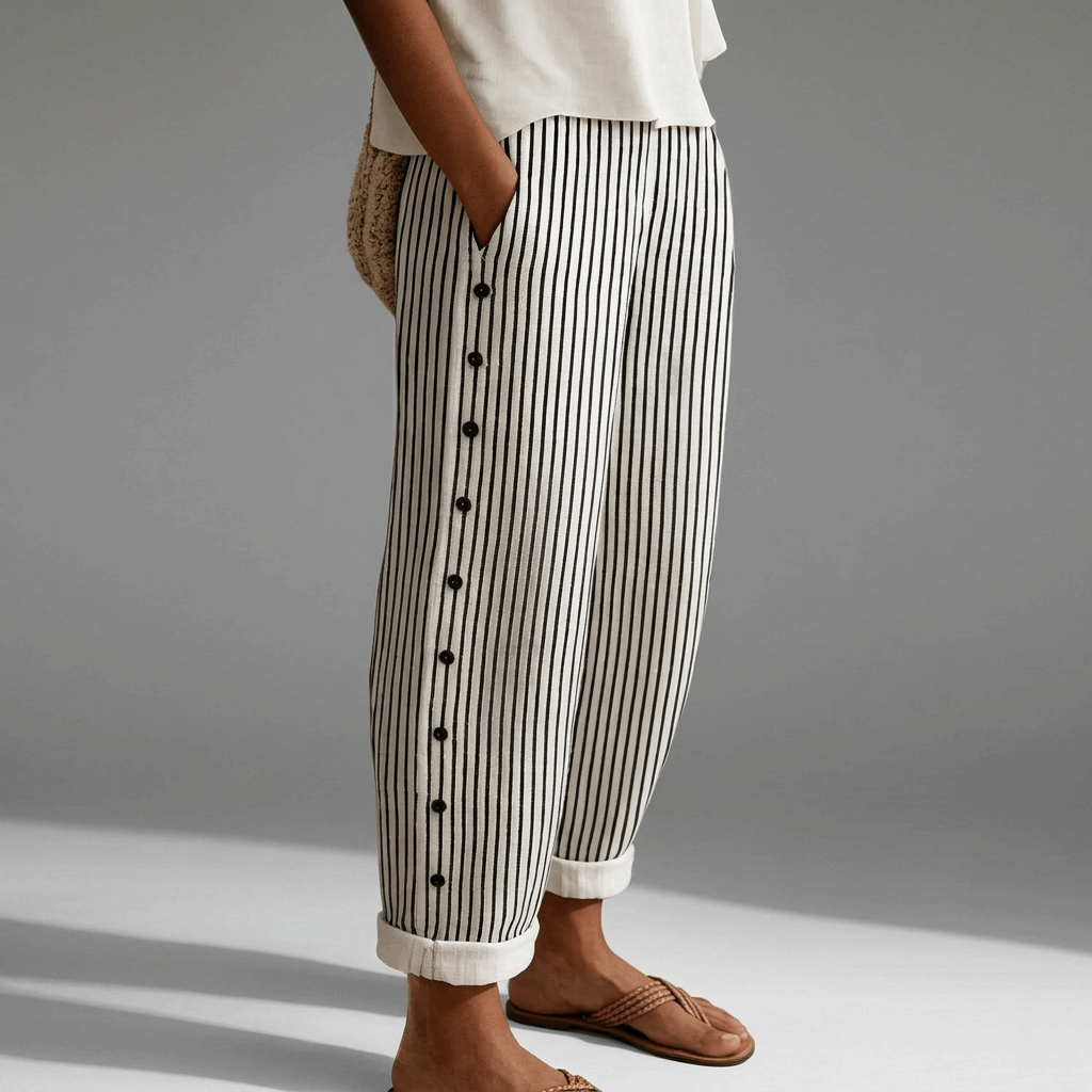 Pantalón de Rayas con Botones para Mujer – Cintura Alta