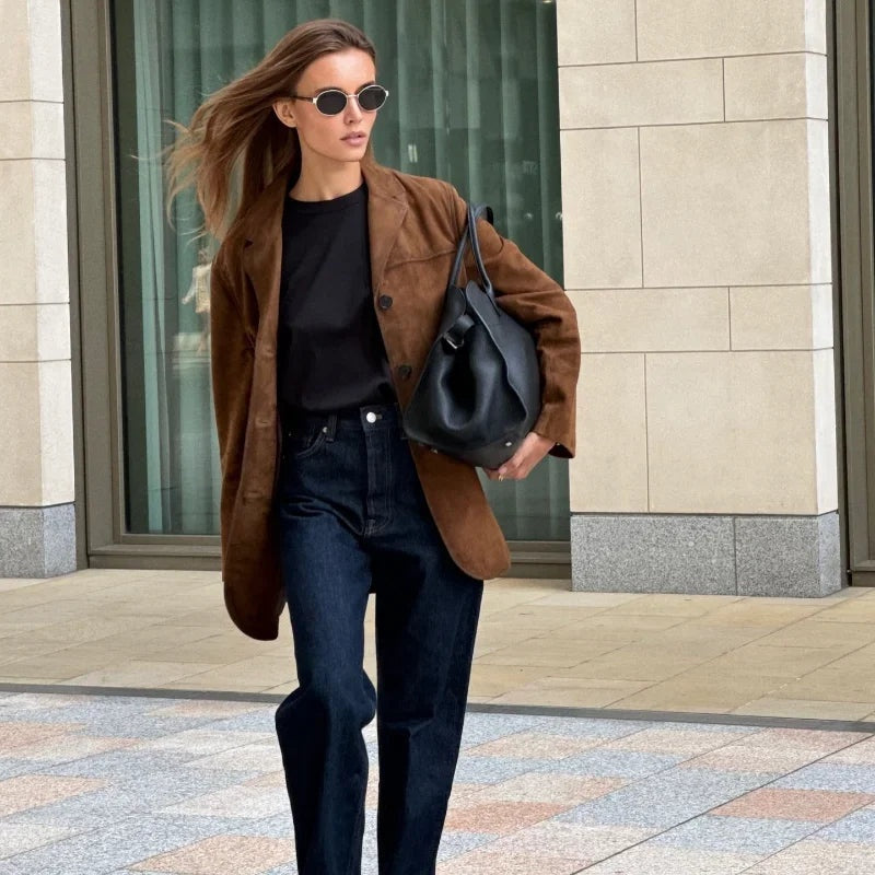 Chaqueta de Ante para Mujer – Corte Recto y Solapa