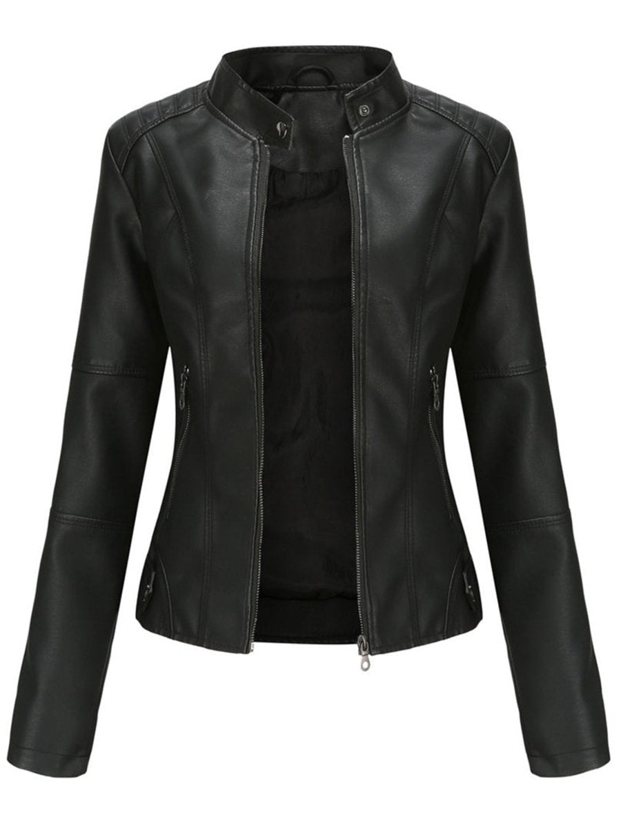 Chaqueta Motera de Polipiel para Mujer – Cuello Mao y Bolsillos